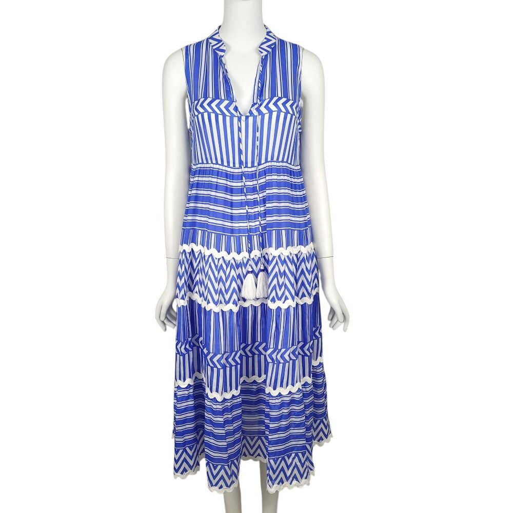 RUBYYAYA Women's Dress M Blue Striped Sleeveless Tie-Neck A-Line Midi Pockets
